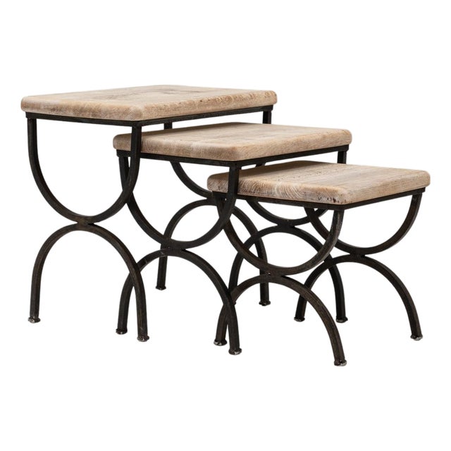 20th Century French Metal Nesting Tables With Wooden Tops, Set of 3 For Sale