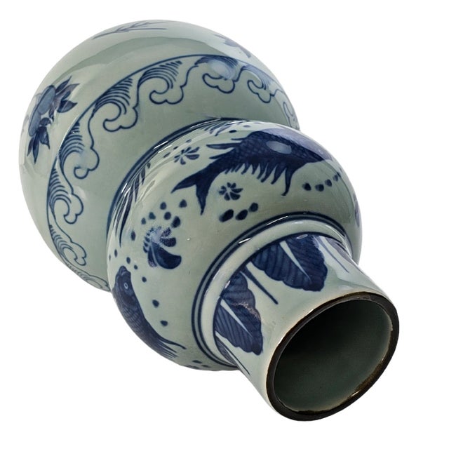 Chinese Chinese Blue and White Double Gourd Porcelain Vase With Scholar Fish Motif, Vintage 11.25" For Sale - Image 3 of 8