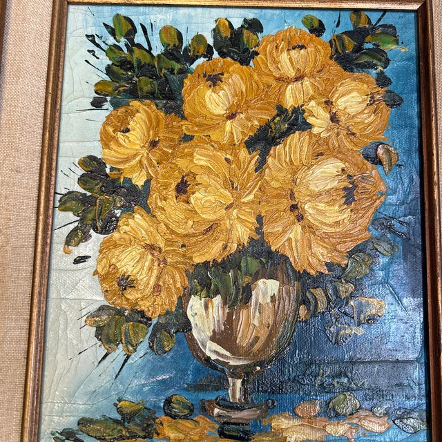 1970’s original impressionist yellow flowers in vase still life painting on canvas. Signed and framed. Measures 8x10 or...