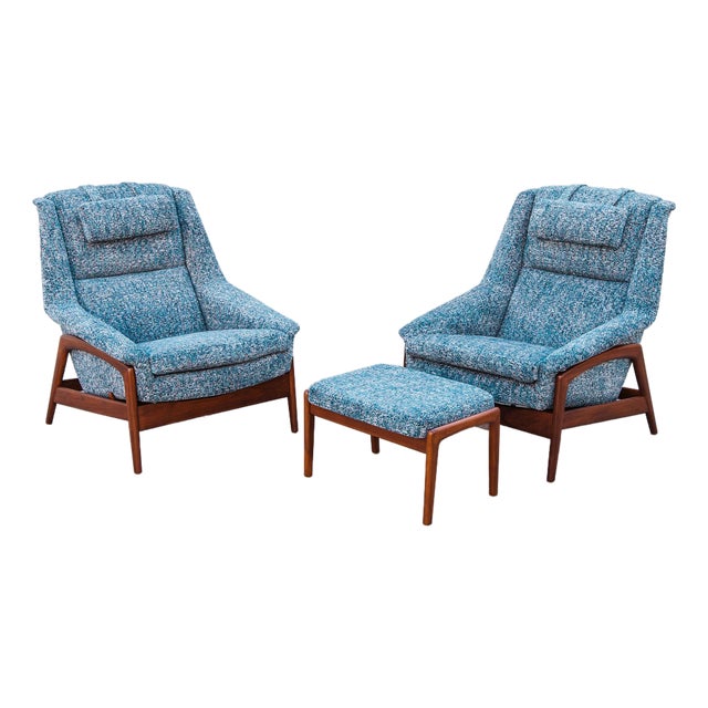 Iconic 1960s Folke Ohlsson for Dux Reclining Lounge Chairs With Ottoman For Sale