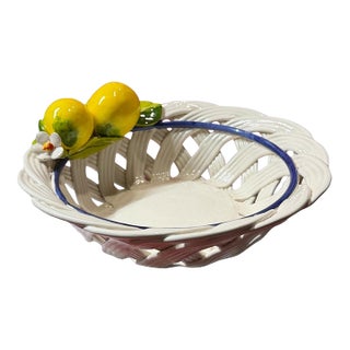 Italian Ceramic Woven Basket With Lemons & Cobalt Blue Trim For Sale