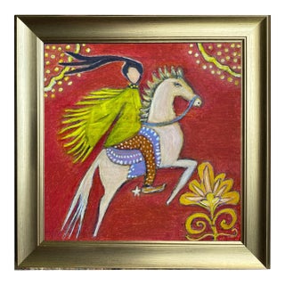 Original Framed Horse & Rider Painting, Red Boho Figurative Wall Art, Oil Chalk on Canvas in Gold Frame, 14x14 Whimsical Folk Art Home Decor For Sale