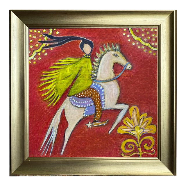 Original Framed Horse & Rider Painting, Red Boho Figurative Wall Art, Oil Chalk on Canvas in Gold Frame, 14x14 Whimsical Folk Art Home Decor For Sale