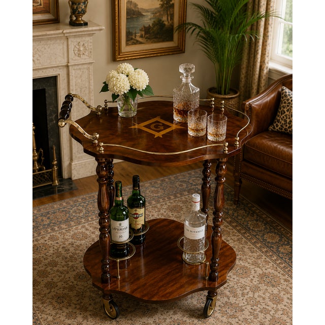 Mid-Century Modern Mid-Century Italian Hollywood Regency Italian Marquetry Masonic Bar Cart With Brass Gallery For Sale - Image 3 of 8