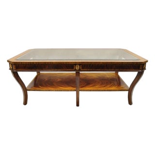 Late 20th Century Maitland Smith Empire Style Large Banded Inlay Mahogany Glass Top Coffee Table For Sale
