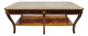 Late 20th Century Maitland Smith Empire Style Large Banded Inlay Mahogany Glass Top Coffee Table