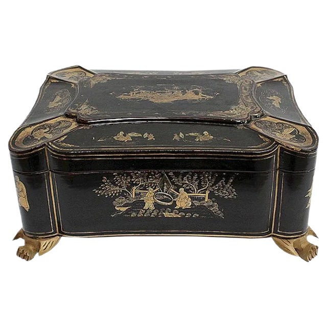 Large Napoleon III Japonaiserie Wooden Box Painted Black, Mid-19th Century For Sale