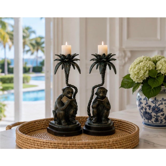 Pair of Vintage Cast Metal "Reading Monkey" Palm Tree Candlesticks For Sale - Image 12 of 12