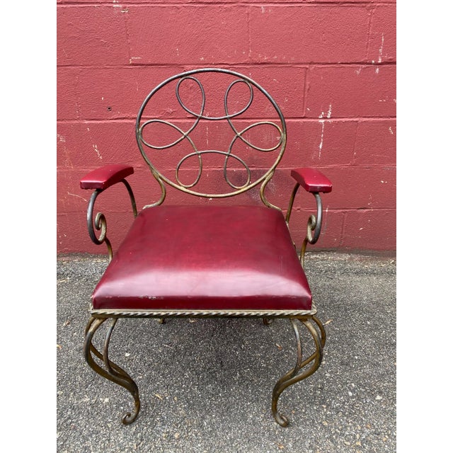 Ornate Wrought Iron Armchair in Oxblood Red Vinyl For Sale - Image 11 of 12