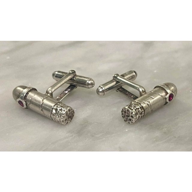 Mid 20th Century 1940s Sterling Silver Bullet Cuff Links With Faceted Ruby Detail - 2 Pieces For Sale - Image 5 of 9