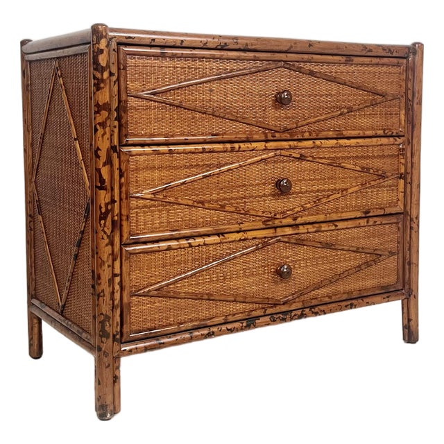 Vintage Bloomingdale's Burnt Bamboo Rattan Bachelor Chest For Sale