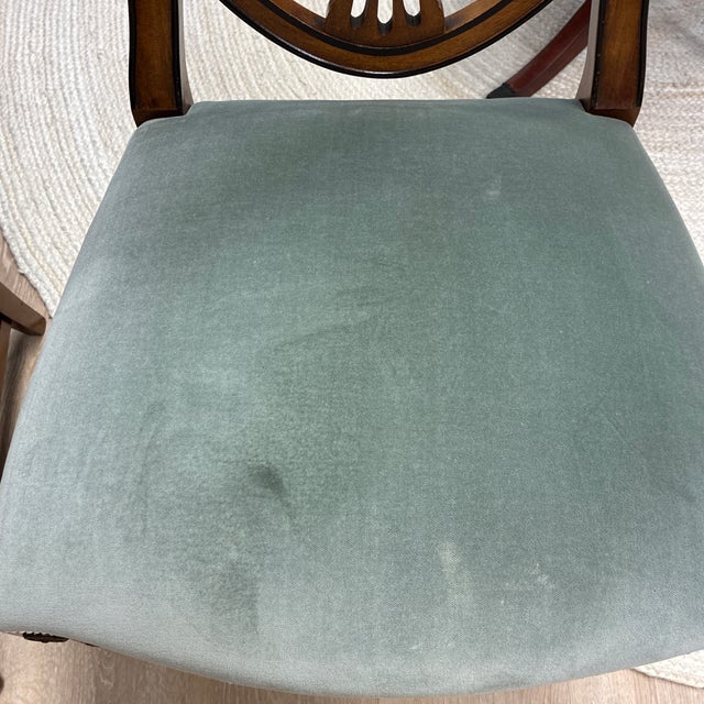 Green Mid 20th Century Classic Hepplewhite Style Shield Back Side Dining Chairs With Green Velvet and Trim Upholstery, Set of 4 For Sale - Image 8 of 11