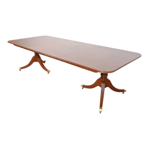 Baker Furniture Georgian Banded Mahogany Double Pedestal Extension Dining Table, Newly Refinished