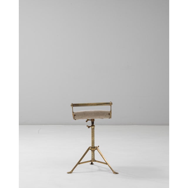 Art Deco 1920s French Brass Adjustable Stool With Upholstered Seat and Tripod Base For Sale - Image 3 of 18