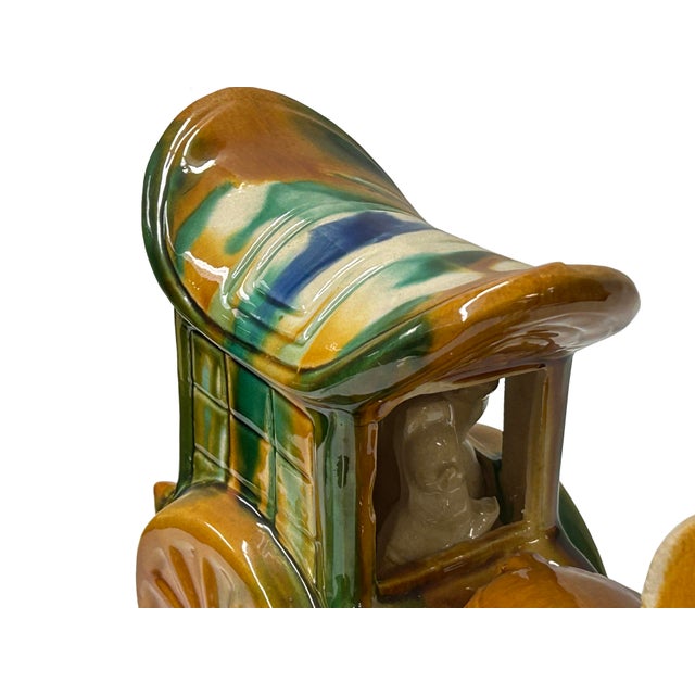 Yellow Oriental Tri-Color Green White Yellow Ceramic Horse Cart Art Figure For Sale - Image 8 of 10
