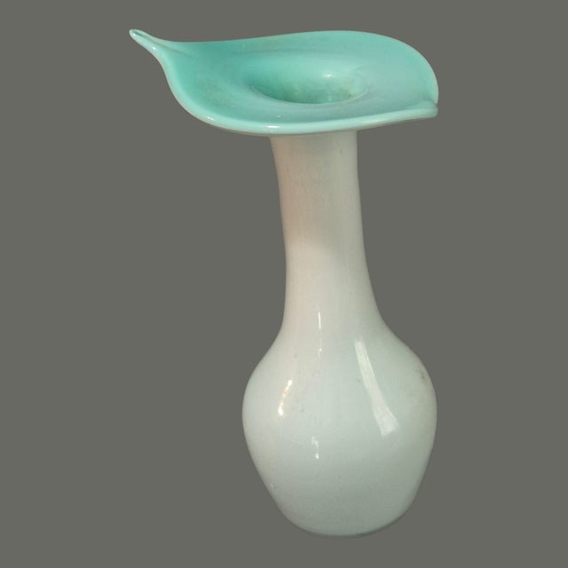 Mid-Century Modern Vintage Hand Blown Art Glass Aqua Blue & White Jack-in-the-Pulpit Bud Vase For Sale - Image 3 of 8