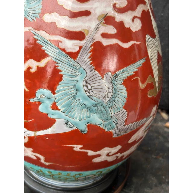 Early 20th C. Japanese Fukagawa Imari Crane Lamp With Silk Bell Shade & Brass Finial - Fully Rewired For Sale - Image 12 of 12