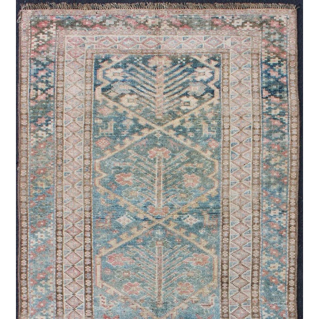 Tribal Antique Geometric Design Persian Small Lori Rug in Light Teal and Pink For Sale - Image 3 of 11