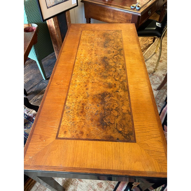 Handsome Vintage Burl and Inlaid Desk With Ebonized Base For Sale - Image 11 of 11