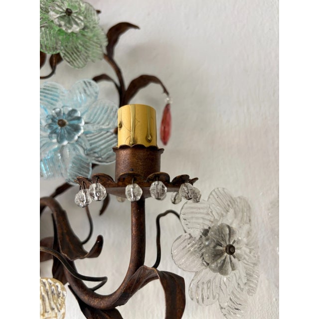 Italian Murano Multicolor Prisms Flowers Gilt Metal Sconces, C 1930 For Sale - Image 13 of 15
