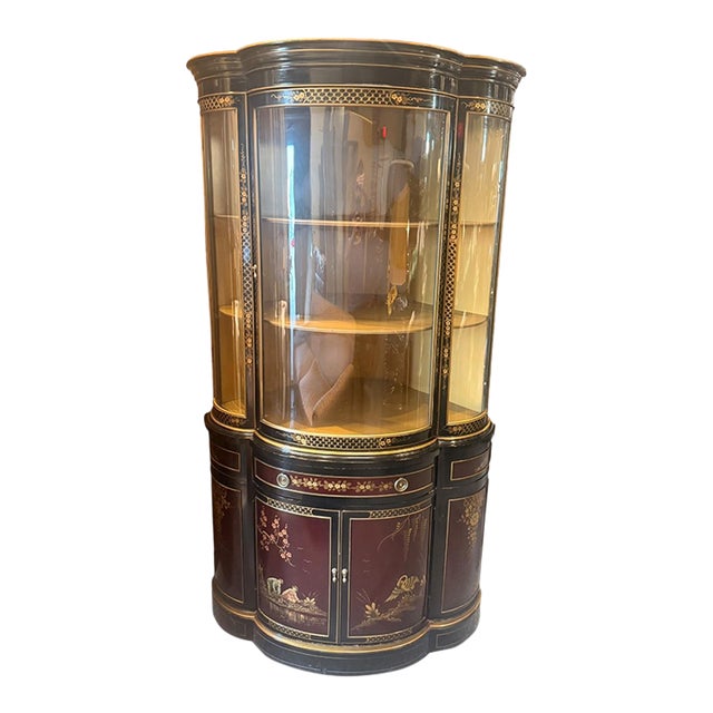 1970s Union National Chinoiserie Curved Glass Corner Curio Cabinet For Sale
