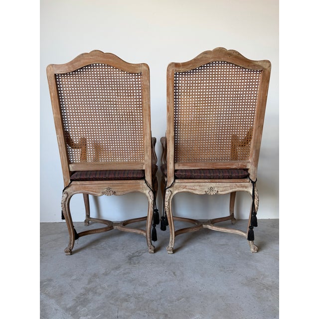1970s Vintage Hollywood Regency Louis XV-Style Carved Wood & Cane Armchairs – A Pair For Sale - Image 5 of 13