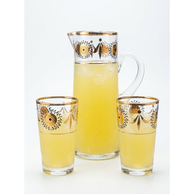 Mid-Century Yellow Glass Lemonade Set with Gilt Geometric Motif, 1950s, Set of 3, in Very Good conditions. Designed 1950...