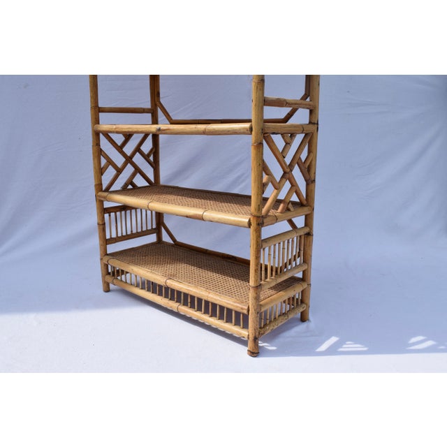 1970s 1970's Brighton Pavilion Chinese Chippendale Bamboo Caned Bookcase Etagere For Sale - Image 5 of 10