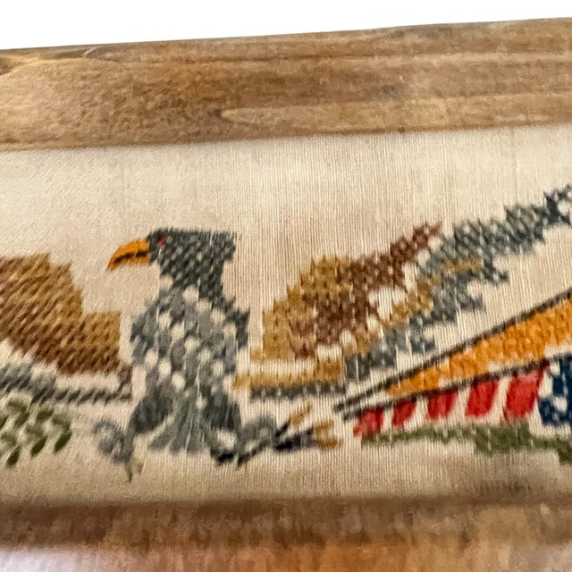 Wood Mid Century Americana Cross Stitch and Applique Border Mirror For Sale - Image 7 of 12