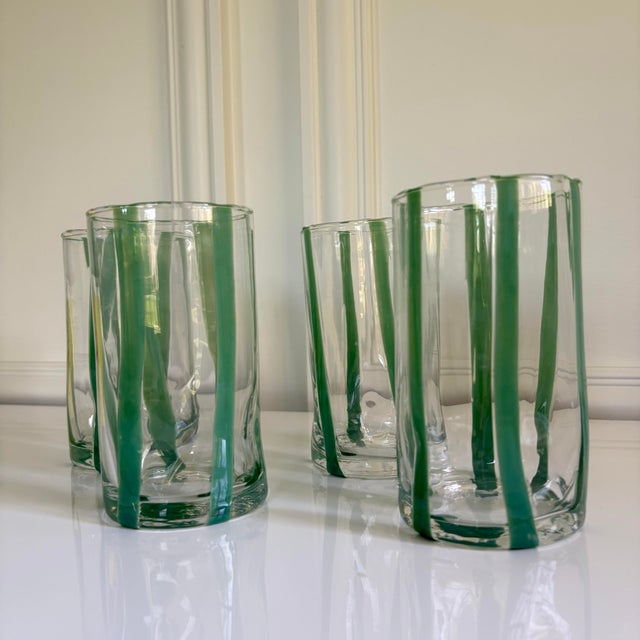 Contemporary Verdure Stripe Italian Murano Glass Tumblers - Set of 4 For Sale - Image 4 of 8