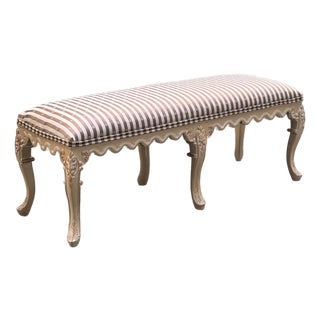 Vintage French Carved Bleached Wood Bench With Six Legs For Sale