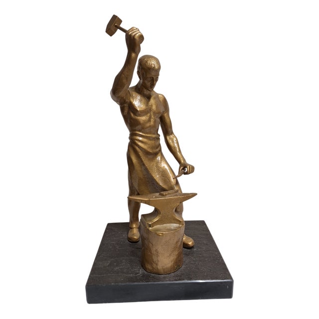 Blacksmith Sculpture Metal on Black Slate Plate, 1920s For Sale