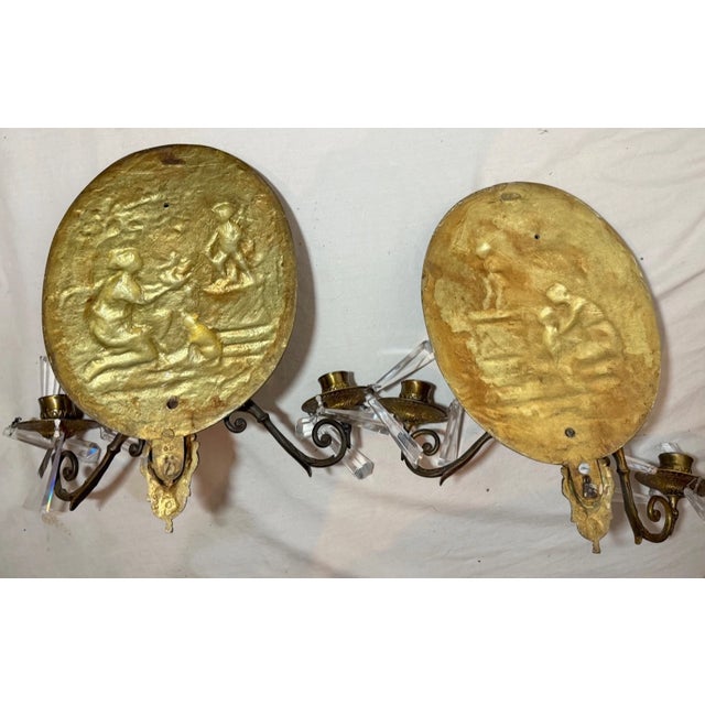 Pair Antique Ornate Bronze Crystal Wall Relief Candle Holders Fixtures Sconces For Sale - Image 12 of 12