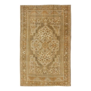 Mid 20th Century Vintage Turkish Oushak Rug With Ivory, Tan, Light Brown Floral Medallion Design For Sale