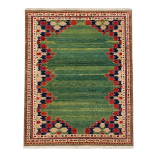 Vintage Turkish Rug 8'9"x11' – Green Field – Geometric Border For Sale