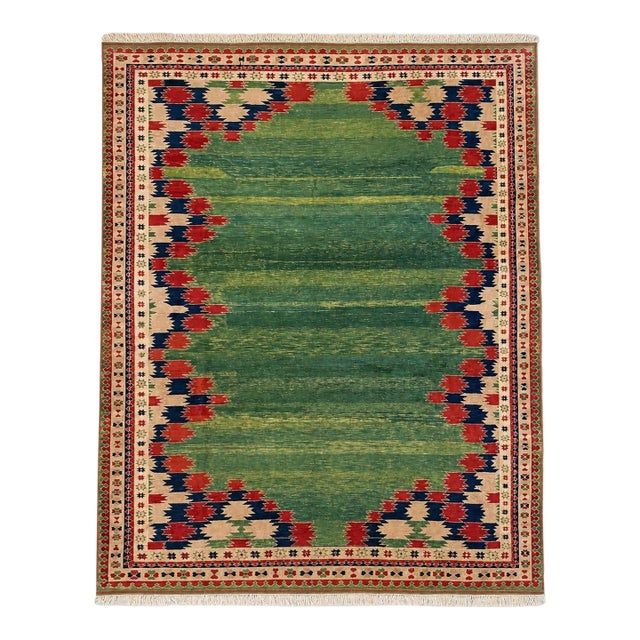 Vintage Turkish Rug 8'9"x11' – Green Field – Geometric Border For Sale