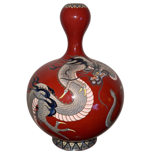 Japanese Japanese Cloisonne Enamel Red Gourd Shaped Dragon Vase Meiji For Sale - Image 3 of 10