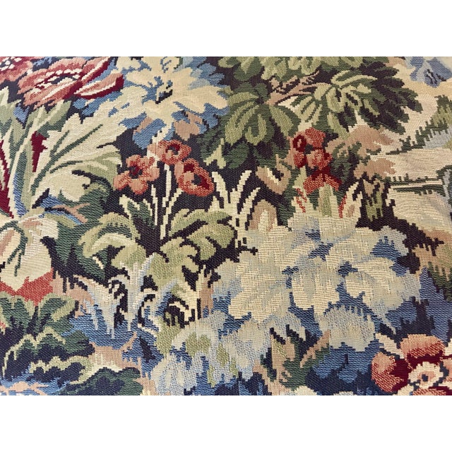 Tan Vintage Jacobean Tapestry Hall Bench With Turned Wood Legs, Scalloped Fringe & Upholstered Floral Seat For Sale - Image 8 of 12