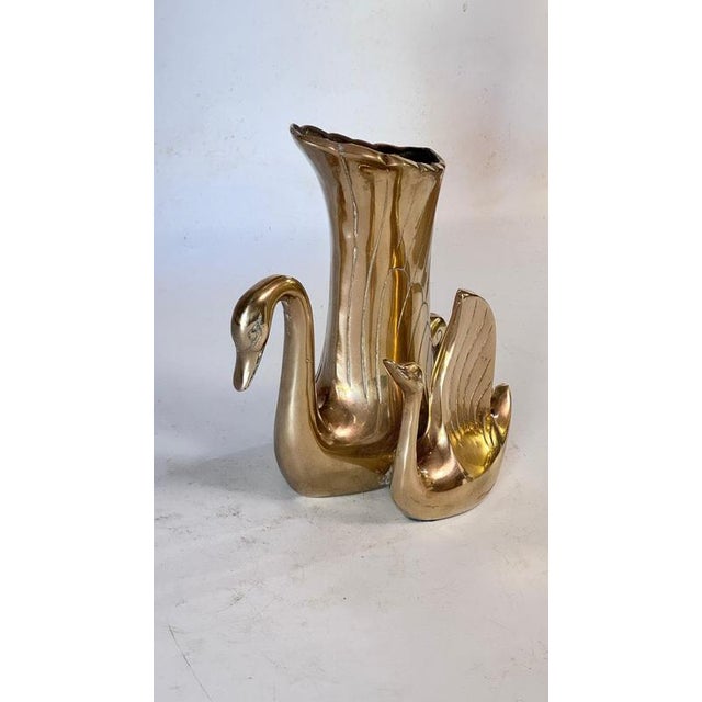 French Brass Swan Sculpture Vase Dual Swans, 1970s For Sale - Image 4 of 12