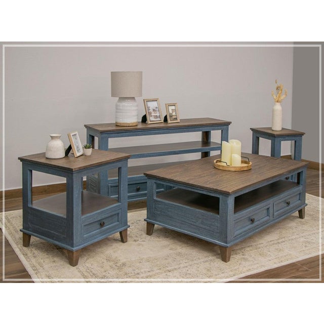 Rustic Camilla Solid Wood 4-Drawer Coffee Table - Blue For Sale - Image 3 of 3