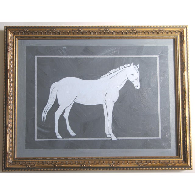 An elegant white horse silhouette in shades of gray with border. Minimalism, Abstract, Contemporary, Folk Art, English...