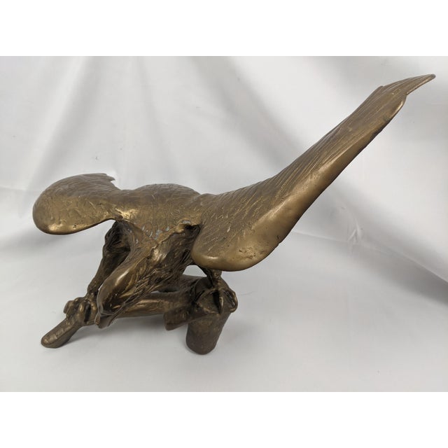Vintage Solid Brass Eagle Sculpture on Branch Pedestal Base, 19" Wingspan For Sale - Image 12 of 14