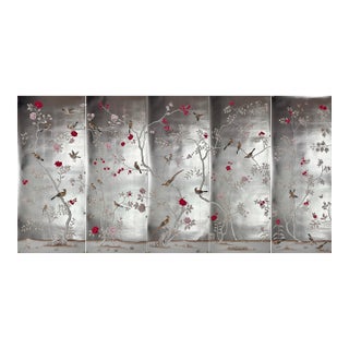 Silver Leaf Chinoiserie Hand-Painted Bird & Peony Wall Panels (Set of 5) For Sale
