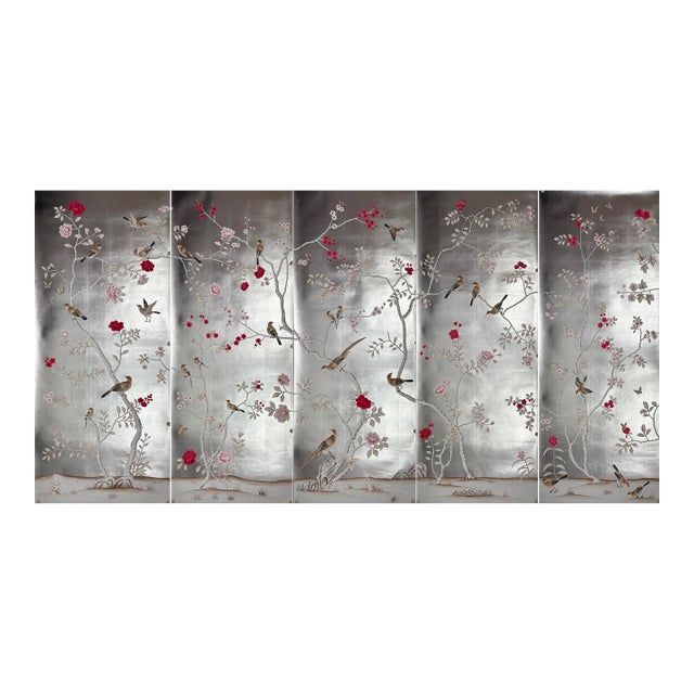 Silver Leaf Chinoiserie Hand-Painted Bird & Peony Wall Panels (Set of 5) For Sale