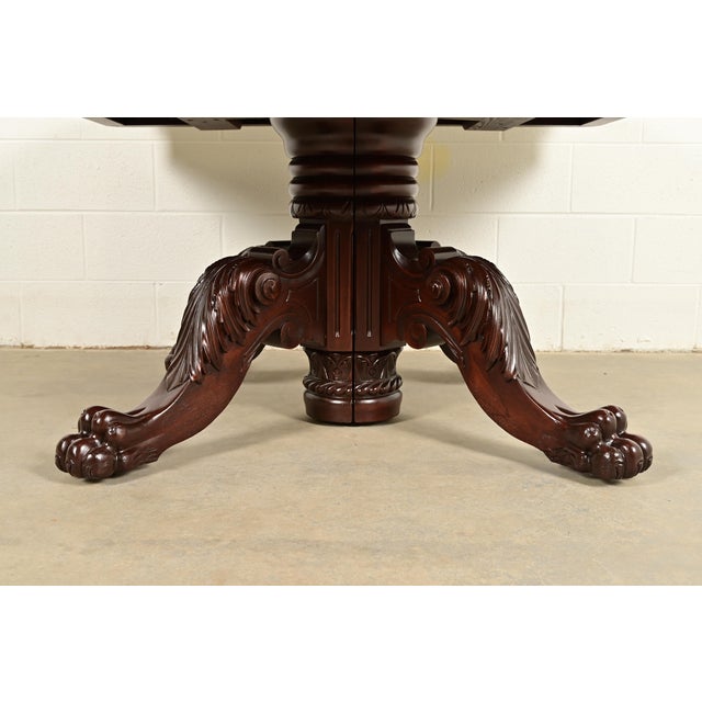 R. J. Horner Antique Victorian Carved Mahogany Split Pedestal Extension Dining Table With Lion Paw Feet, Newly Refinished For Sale - Image 11 of 13