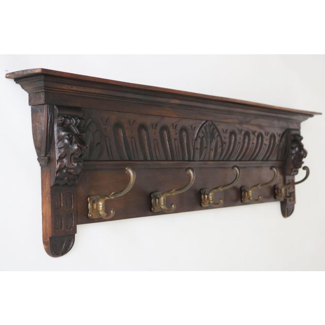 Brown Antique Renaissance Revival Coat Rack with Lion Masks in Carved Oak, 1880 For Sale - Image 8 of 8
