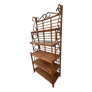 Vintage 1970's Bent Rattan 5 Shelf Coastal Baker's Rack For Sale