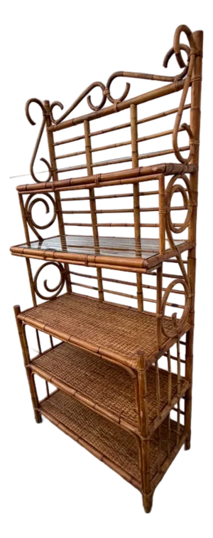 Vintage 1970's Bent Rattan 5 Shelf Coastal Baker's Rack