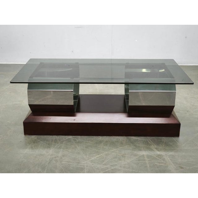 Italian Chrome, Smoked Glass and Wood Coffee Table, 1970s For Sale - Image 13 of 14