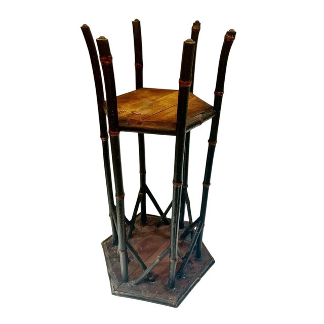 Early 1900s English Art Nouveau Bamboo Plant Stand With Carved Floral Top For Sale - Image 9 of 10